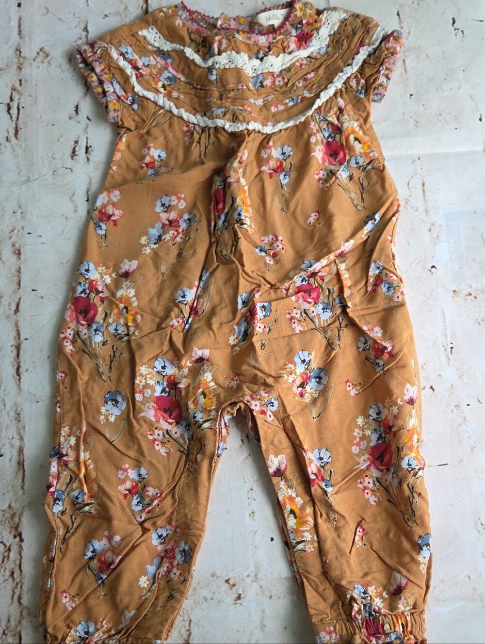 Matilda Jane Mustard Floral Lace-Trim Romper
